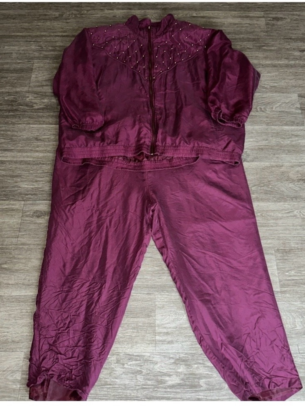 VTG Maurada 3X Woman Silk Tracksuit Full Zip TopBeads Elastic Waist Pants Purple
